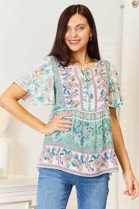 Elegant Floral Tie-Neck Blouse with Stylish Short Sleeves - Love Salve 