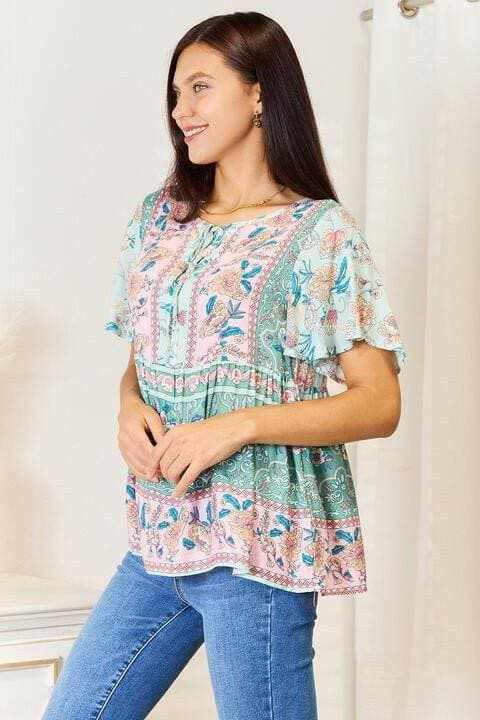 Elegant Floral Tie-Neck Blouse with Stylish Short Sleeves - Love Salve 
