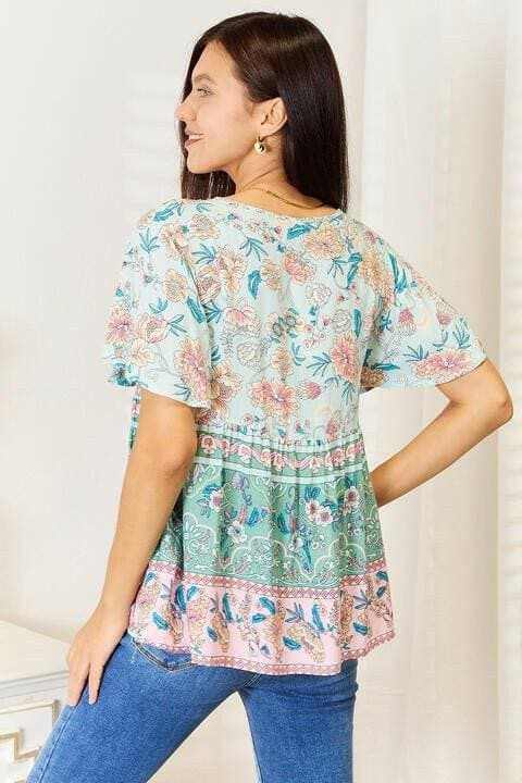 Elegant Floral Tie-Neck Blouse with Stylish Short Sleeves - Love Salve 