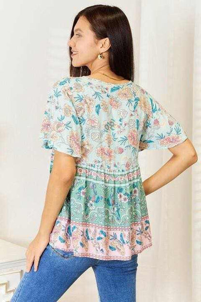 Elegant Floral Tie-Neck Blouse with Stylish Short Sleeves - Love Salve 
