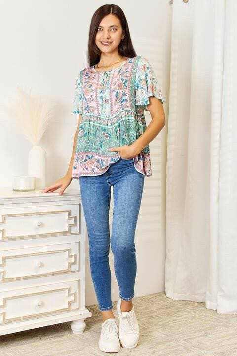 Elegant Floral Tie-Neck Blouse with Stylish Short Sleeves - Love Salve 