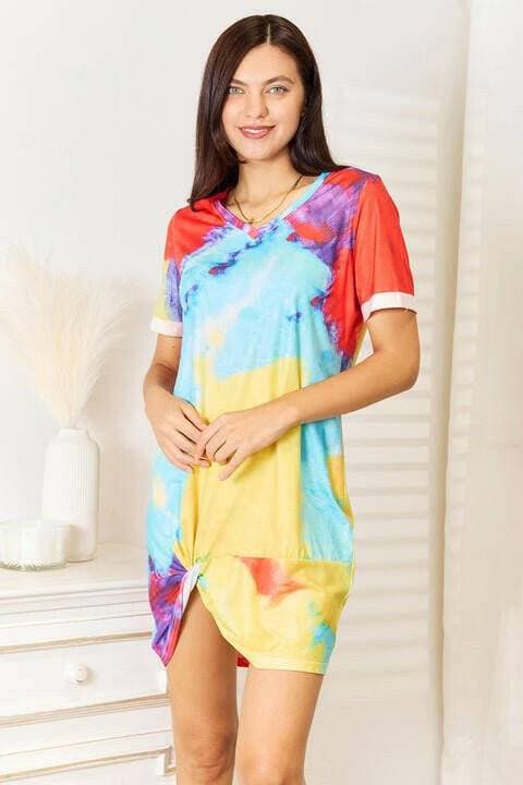 Twisted Tie-Dye V-Neck Dress with Playful Detail - Love Salve 