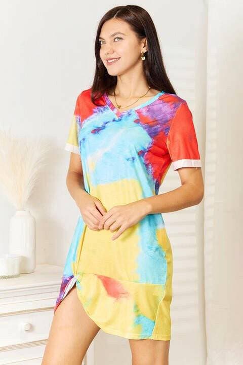 Twisted Tie-Dye V-Neck Dress with Playful Detail - Love Salve 