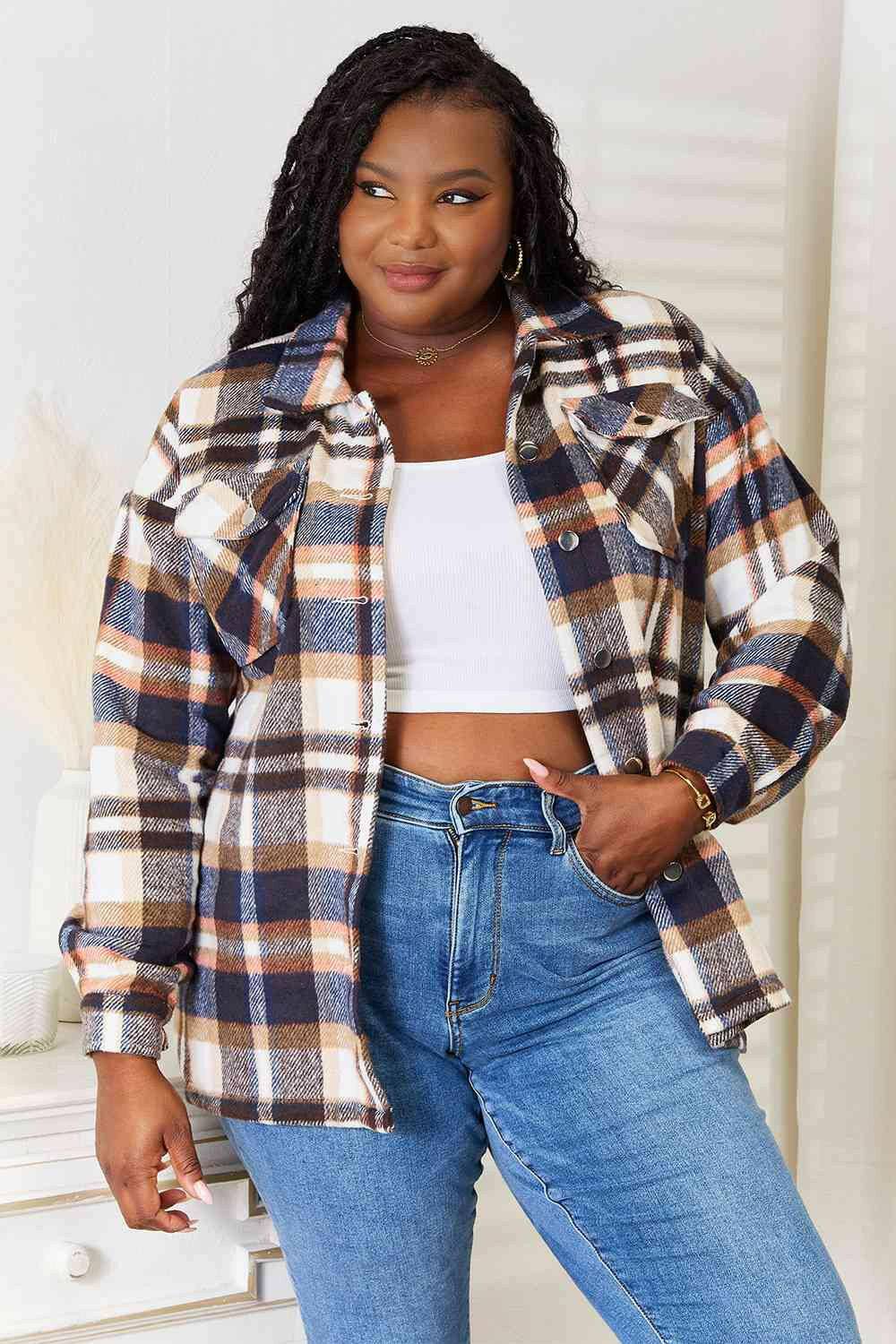 Elegant Plaid Utility Shirt Jacket with Functional Breast Pockets - Love Salve 