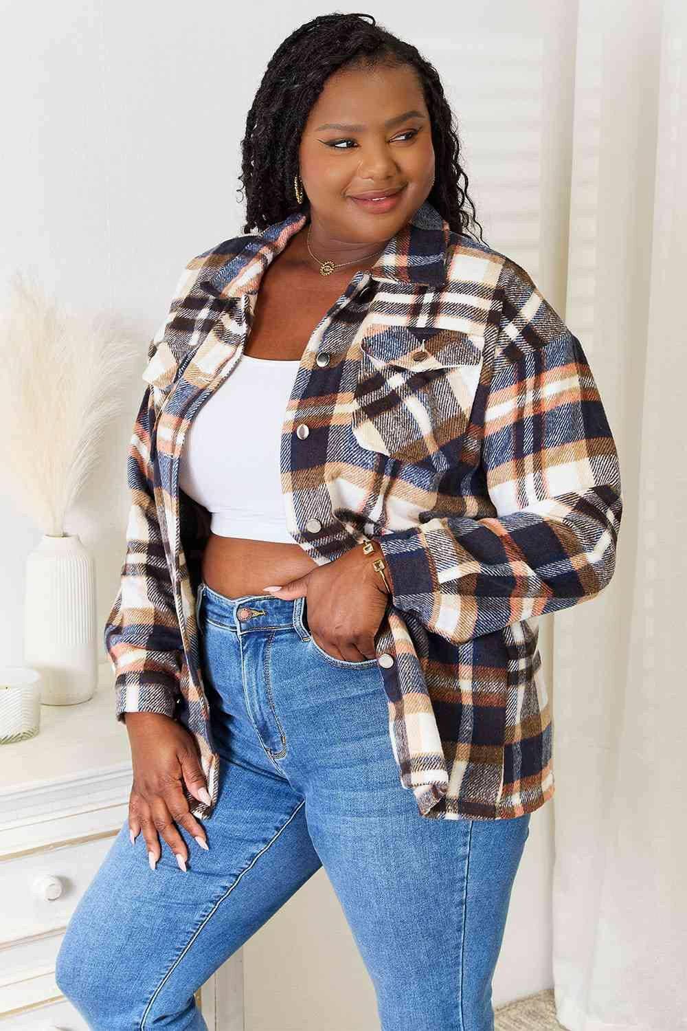 Elegant Plaid Utility Shirt Jacket with Functional Breast Pockets - Love Salve 