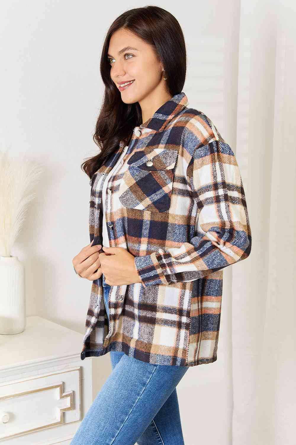 Elegant Plaid Utility Shirt Jacket with Functional Breast Pockets - Love Salve 