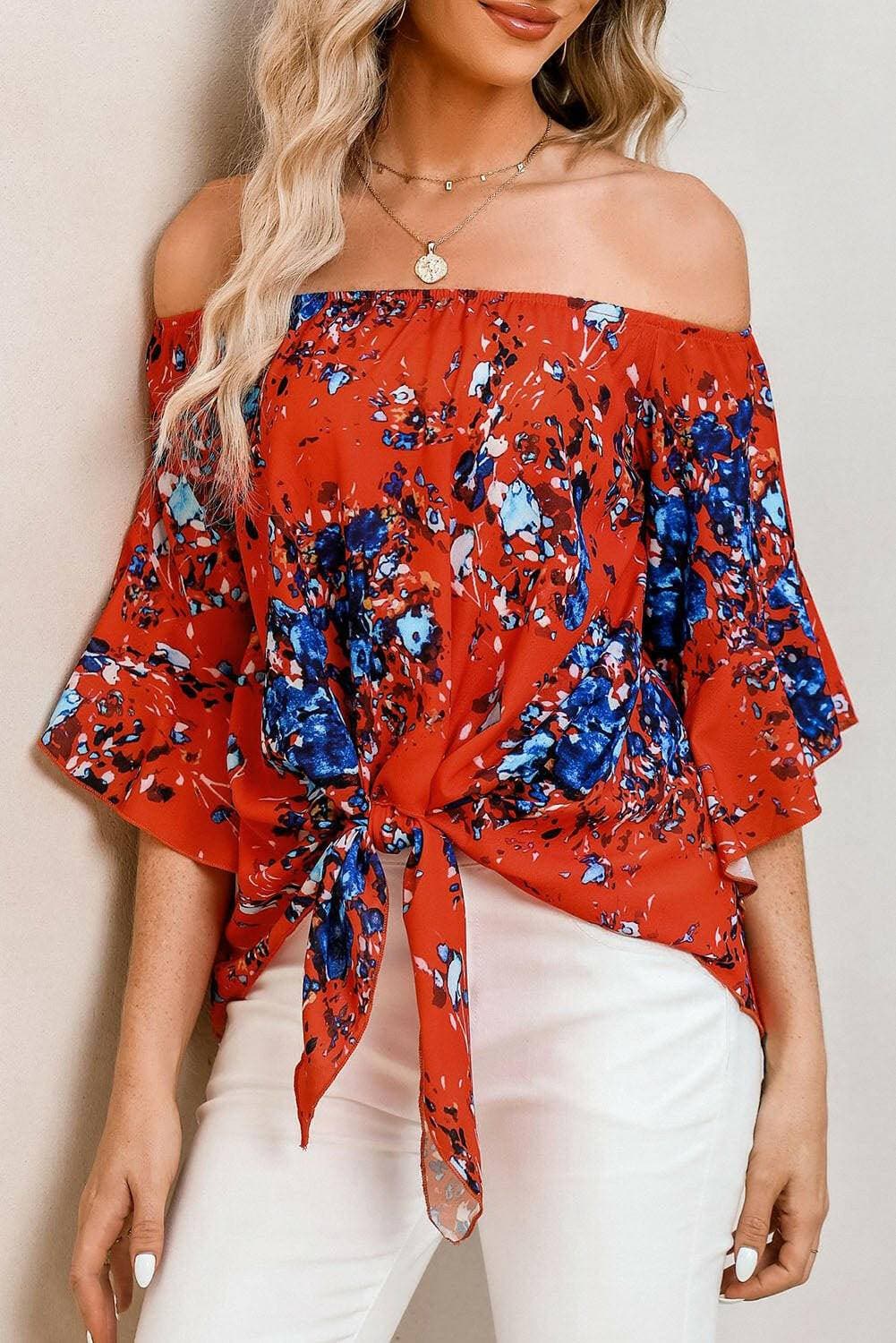 Elegant Tied Print Off-Shoulder Blouse with Half Sleeves - Love Salve 