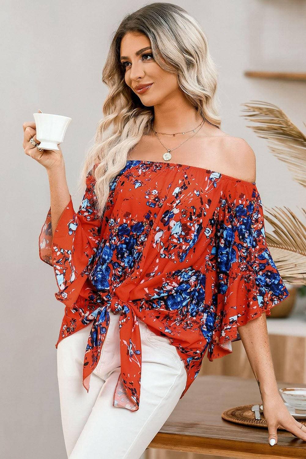 Elegant Tied Print Off-Shoulder Blouse with Half Sleeves - Love Salve 