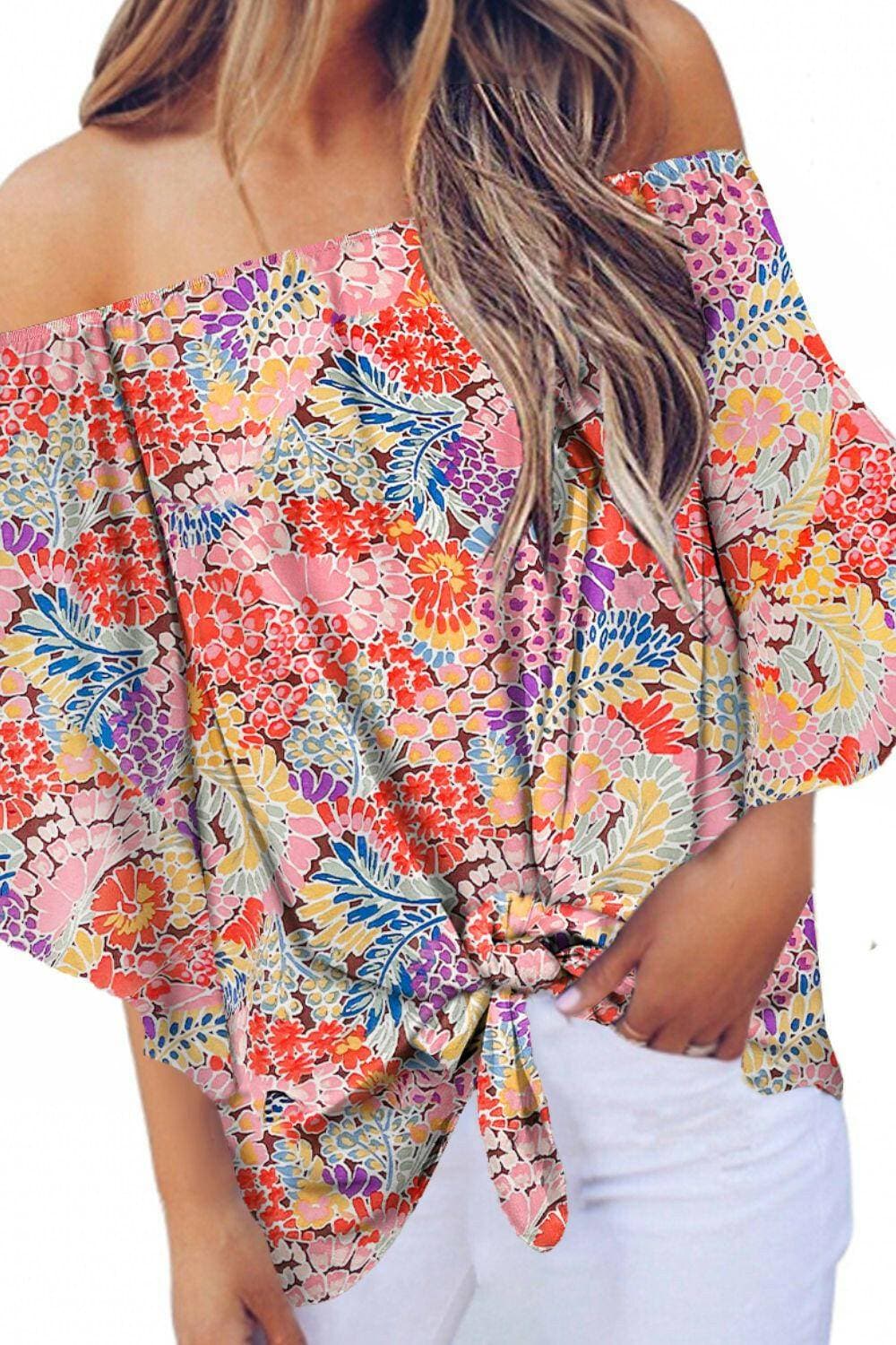 Elegant Tied Print Off-Shoulder Blouse with Half Sleeves - Love Salve 