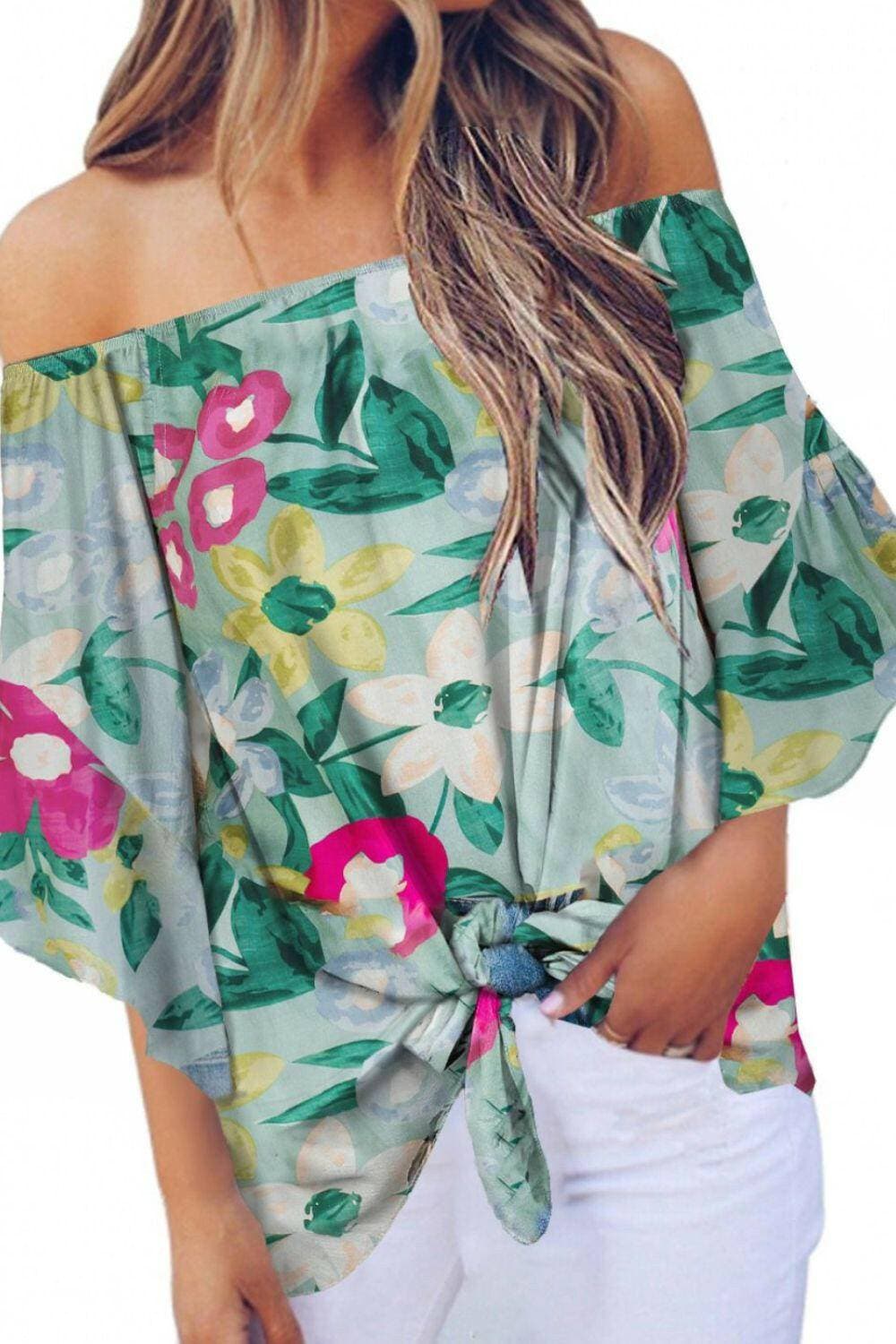 Elegant Tied Print Off-Shoulder Blouse with Half Sleeves - Love Salve 