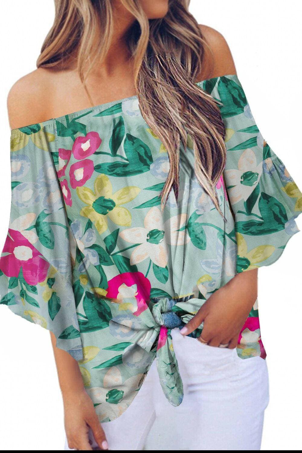 Elegant Tied Print Off-Shoulder Blouse with Half Sleeves - Love Salve 