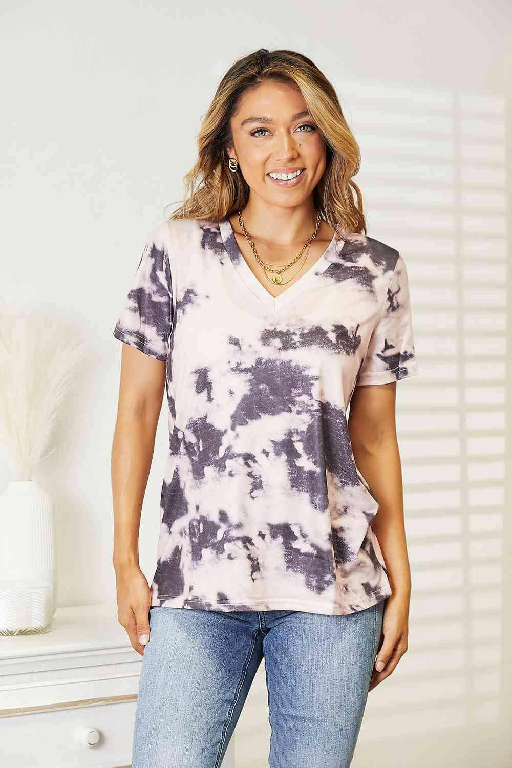 Bohemian Tie-Dye V-Neck Tee with a Stylish Twist - Love Salve 