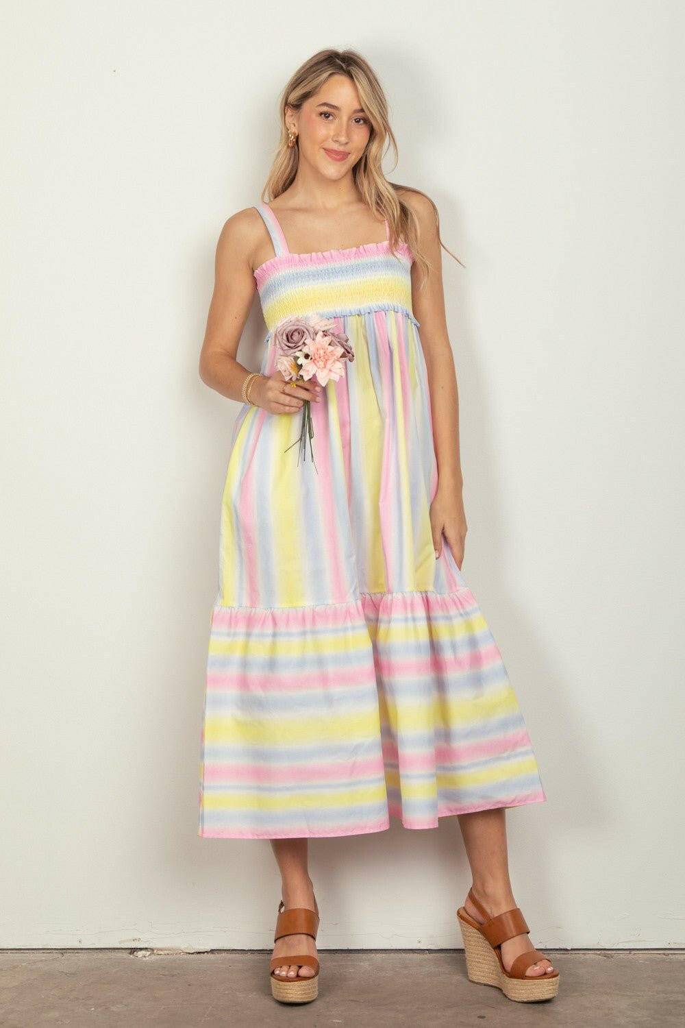 Striped Smocked Cami Midi Dress with Ruffled Hem - Love Salve 