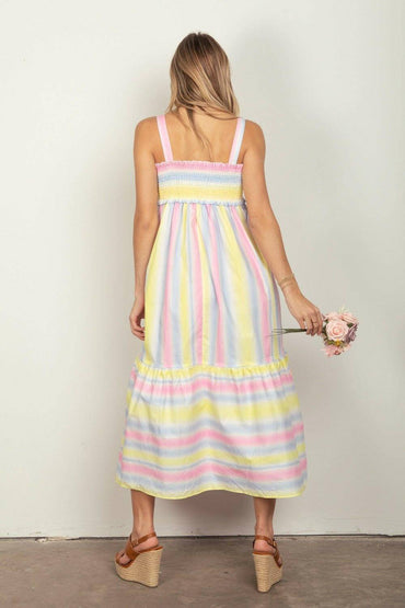 Striped Smocked Cami Midi Dress with Ruffled Hem - Love Salve 