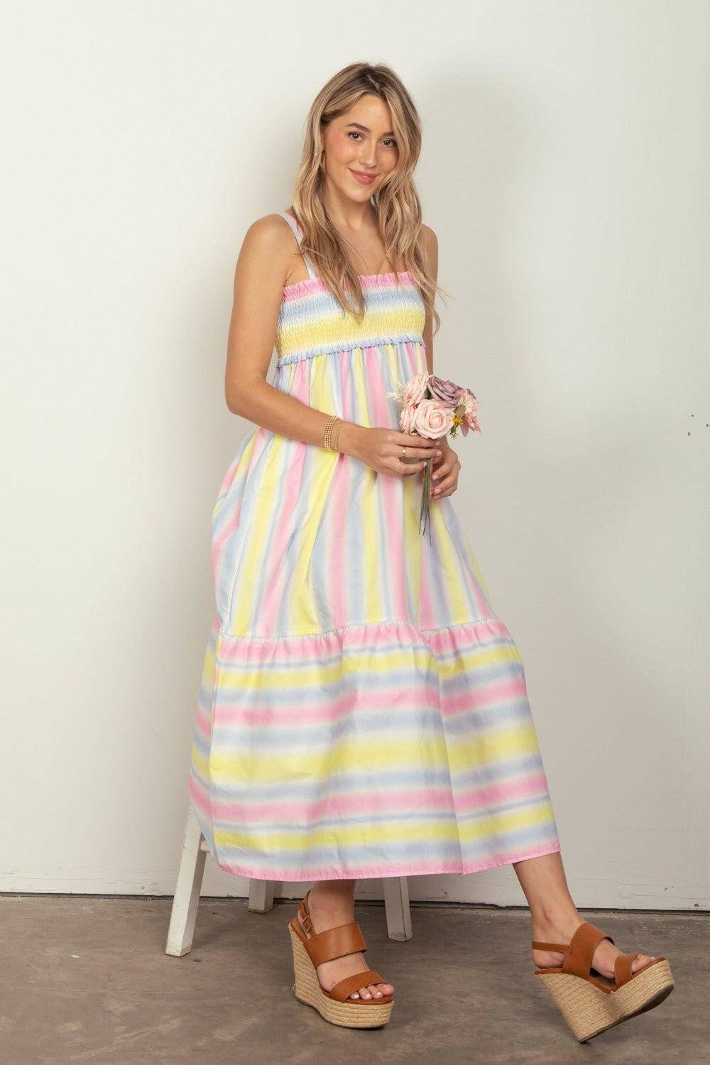 Striped Smocked Cami Midi Dress with Ruffled Hem - Love Salve 