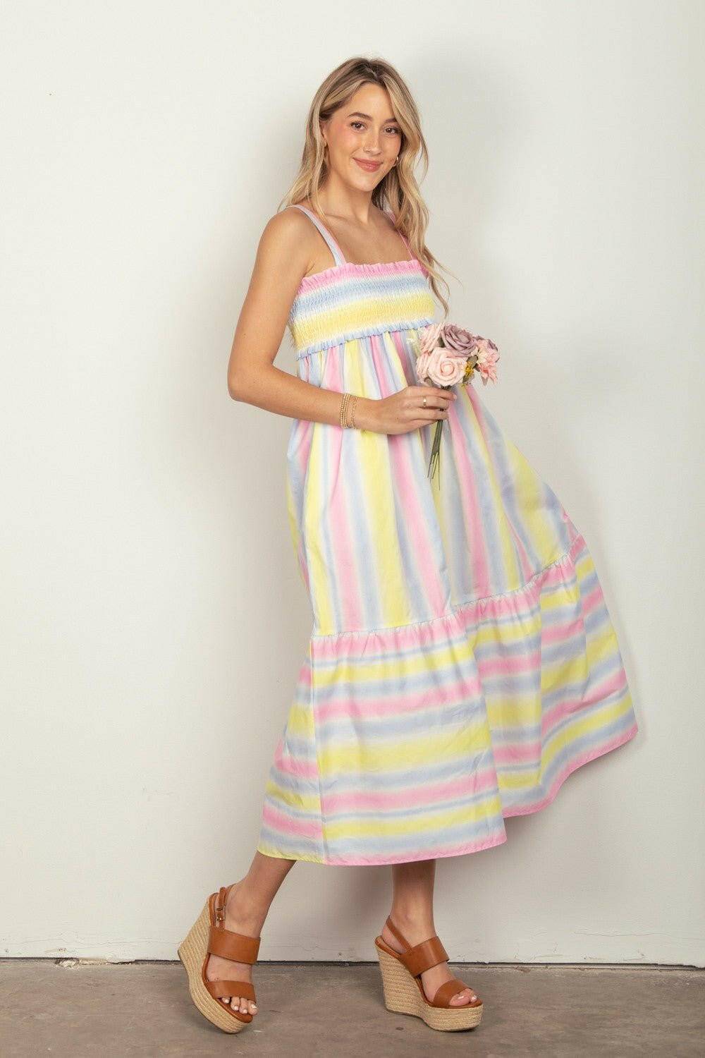 Striped Smocked Cami Midi Dress with Ruffled Hem - Love Salve 