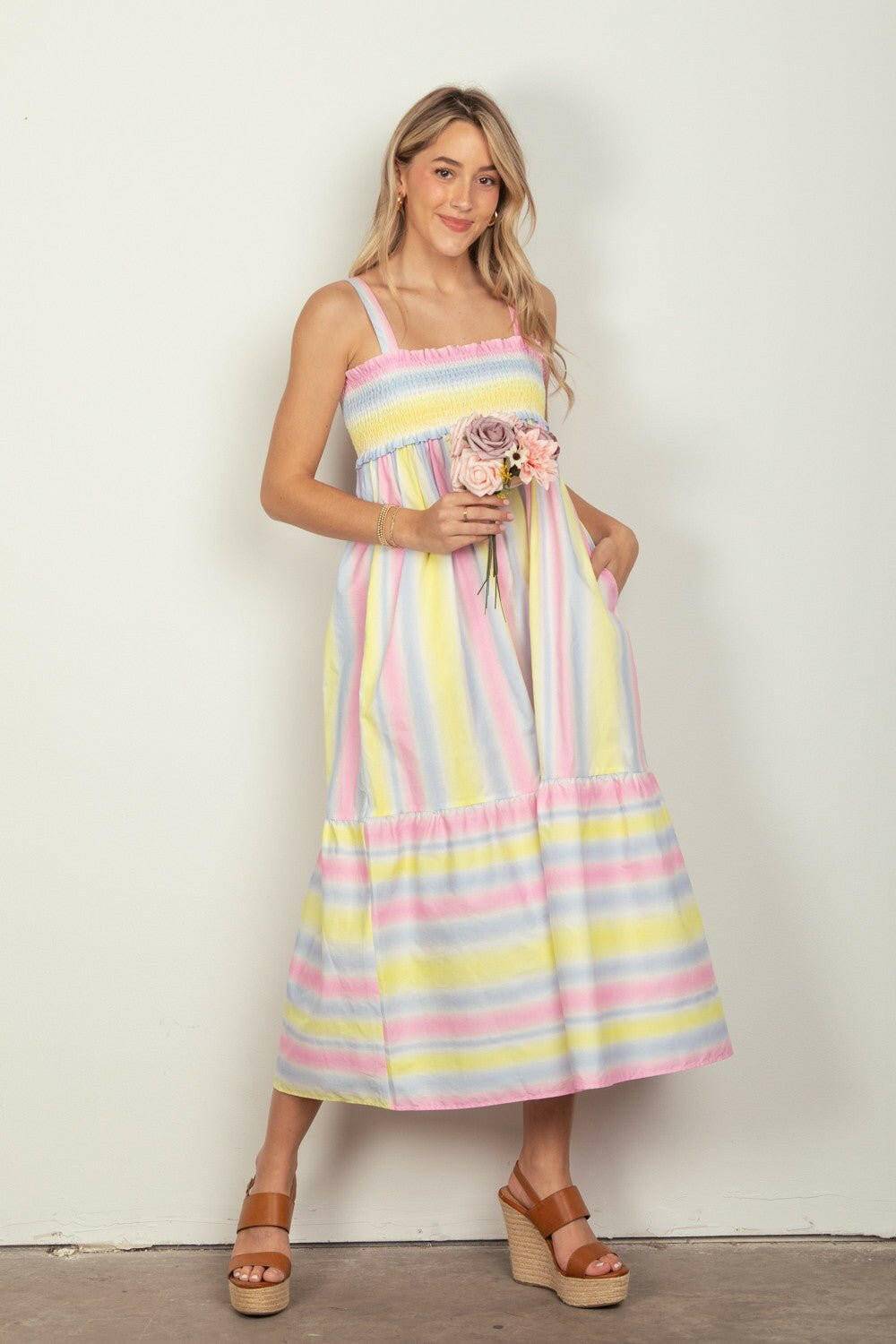 Striped Smocked Cami Midi Dress with Ruffled Hem - Love Salve 