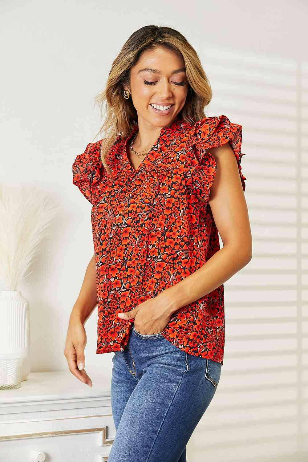 Elegant Flutter Sleeve Floral Blouse for Effortless Style - Love Salve 