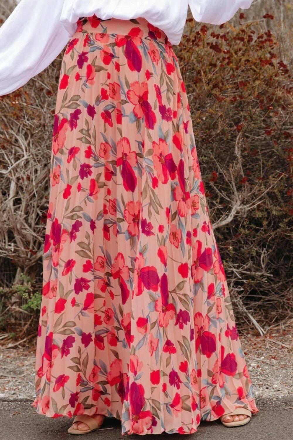 Elastic Waist Pleated Maxi Skirt with Stylish Prints - Love Salve 