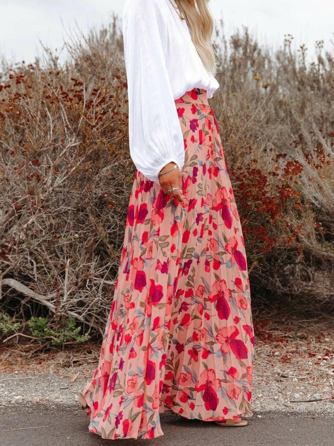 Elastic Waist Pleated Maxi Skirt with Stylish Prints - Love Salve 