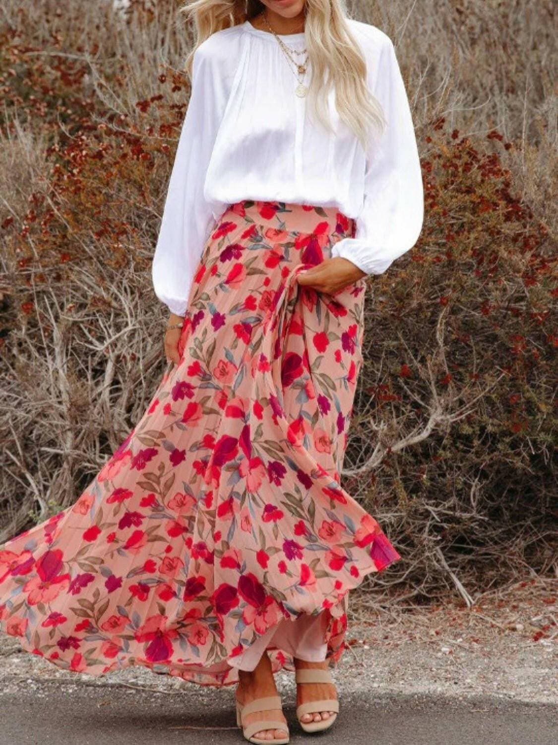 Elastic Waist Pleated Maxi Skirt with Stylish Prints - Love Salve 