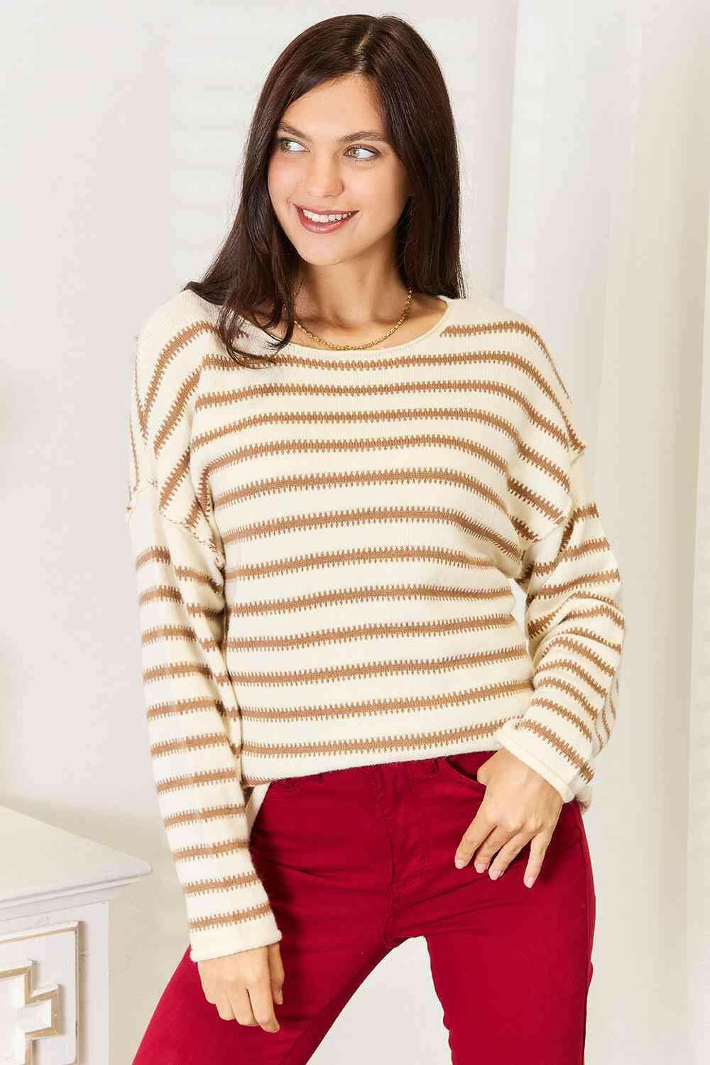 Striped Double Design Boat Neck Sweater - Elegant & Stylish - Love Salve 