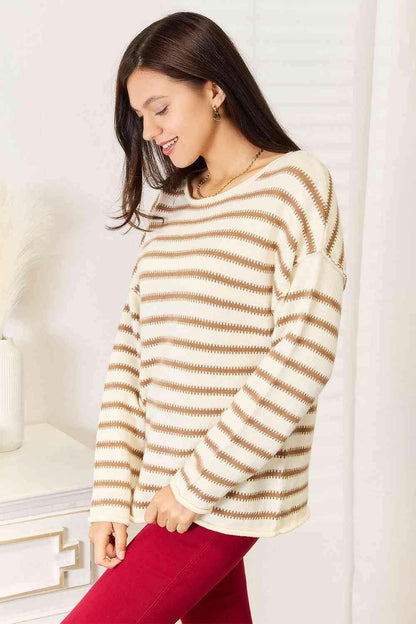 Striped Double Design Boat Neck Sweater - Elegant & Stylish - Love Salve 