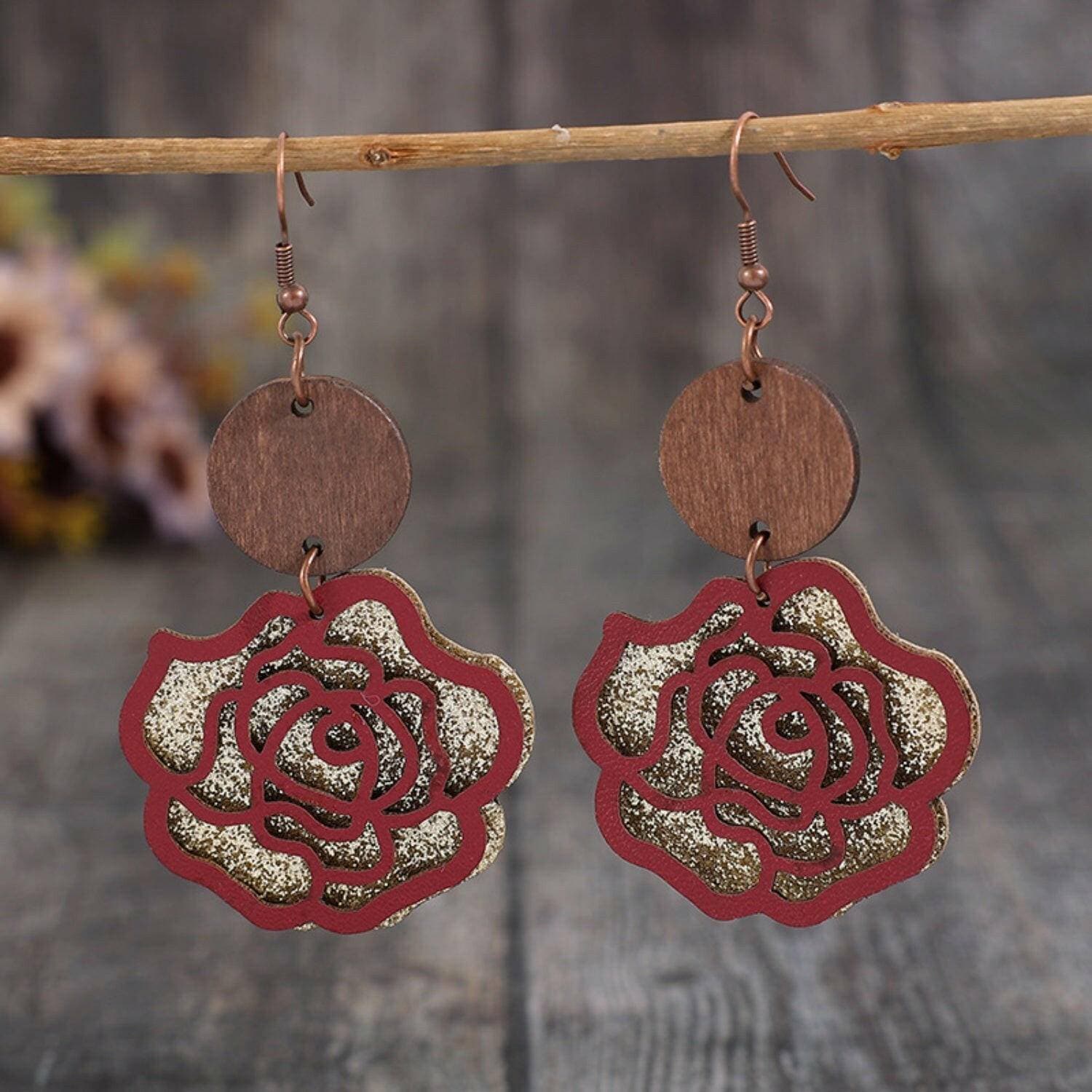 Elegant Rose Shaped Wooden and Alloy Drop Earrings - Love Salve 