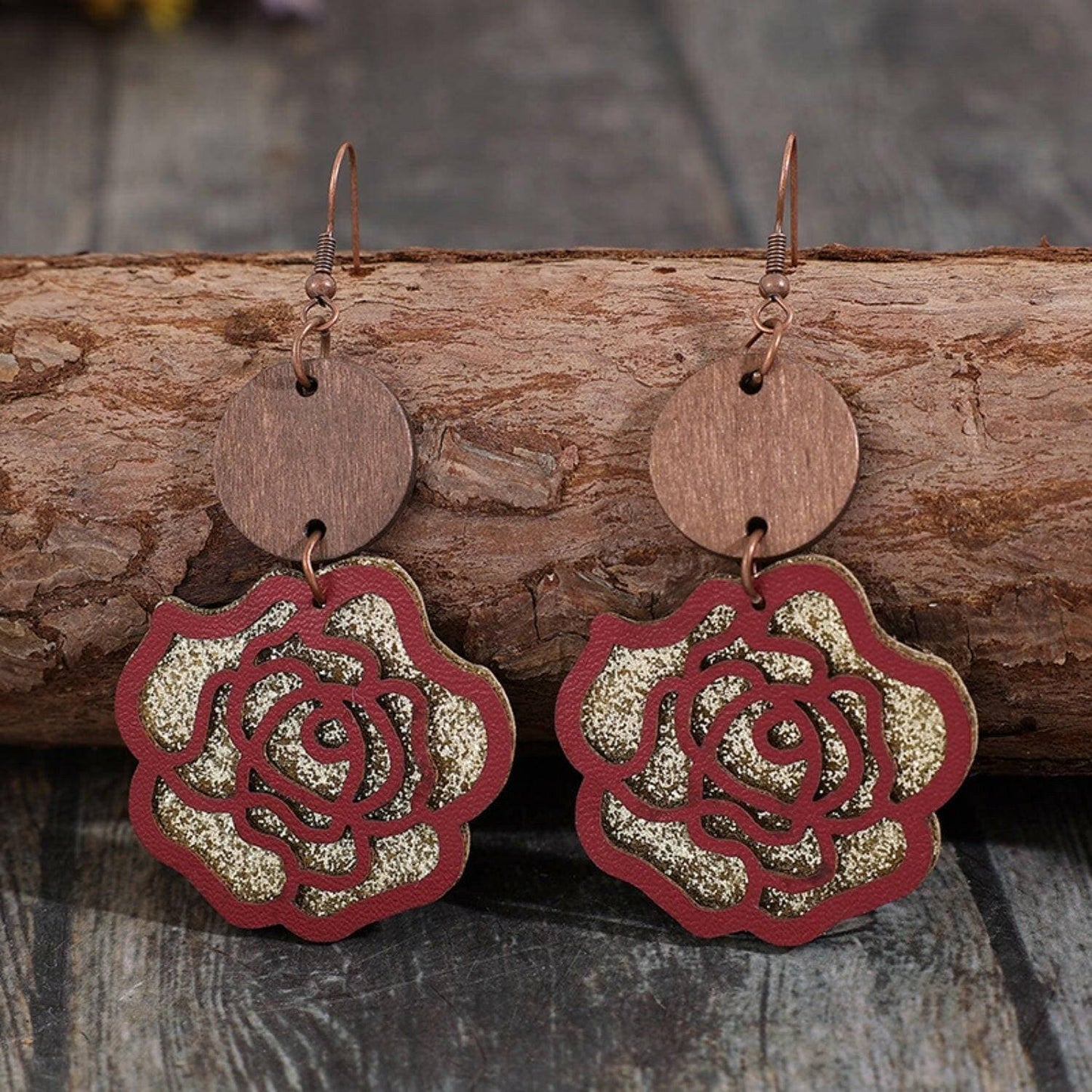 Elegant Rose Shaped Wooden and Alloy Drop Earrings - Love Salve 