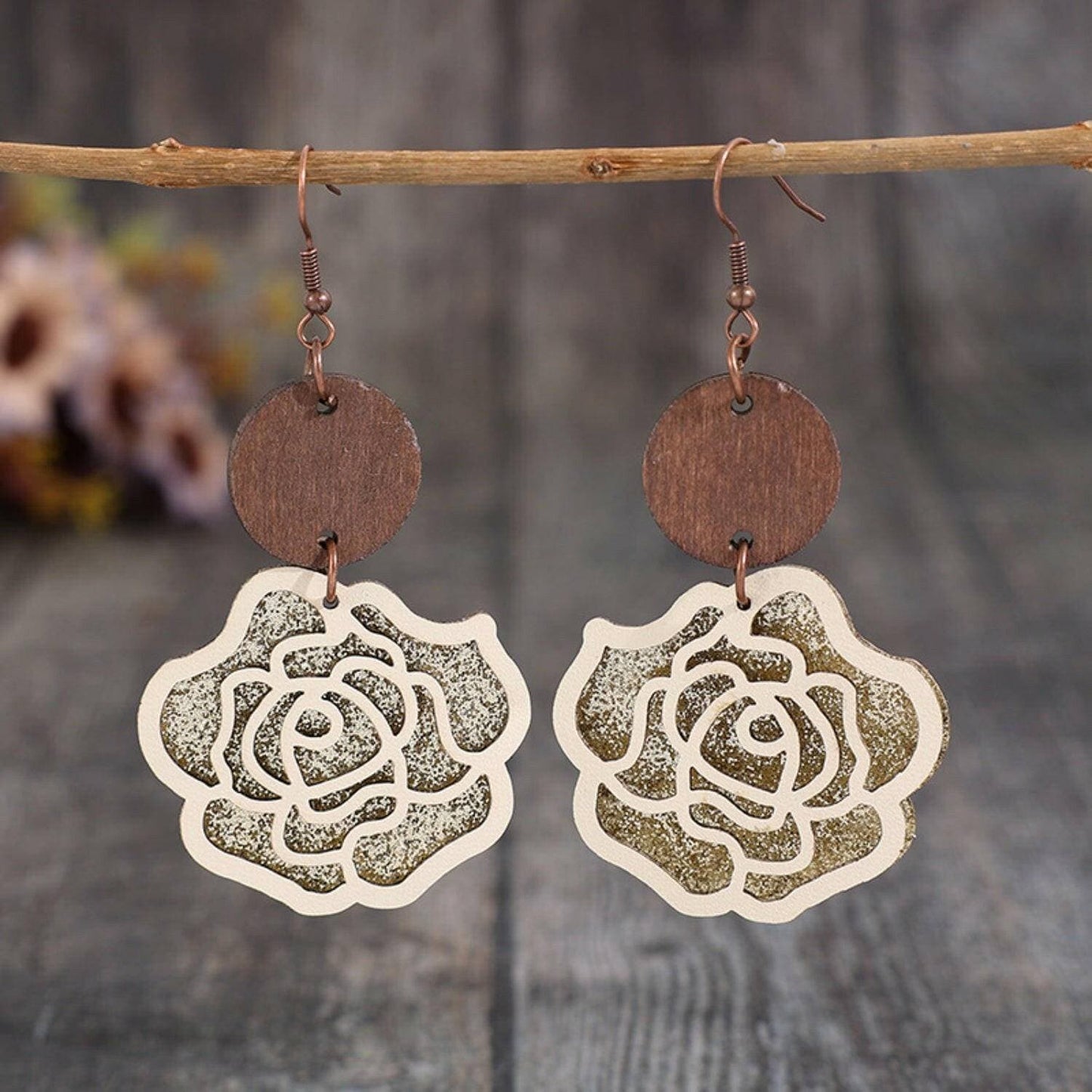 Elegant Rose Shaped Wooden and Alloy Drop Earrings - Love Salve 