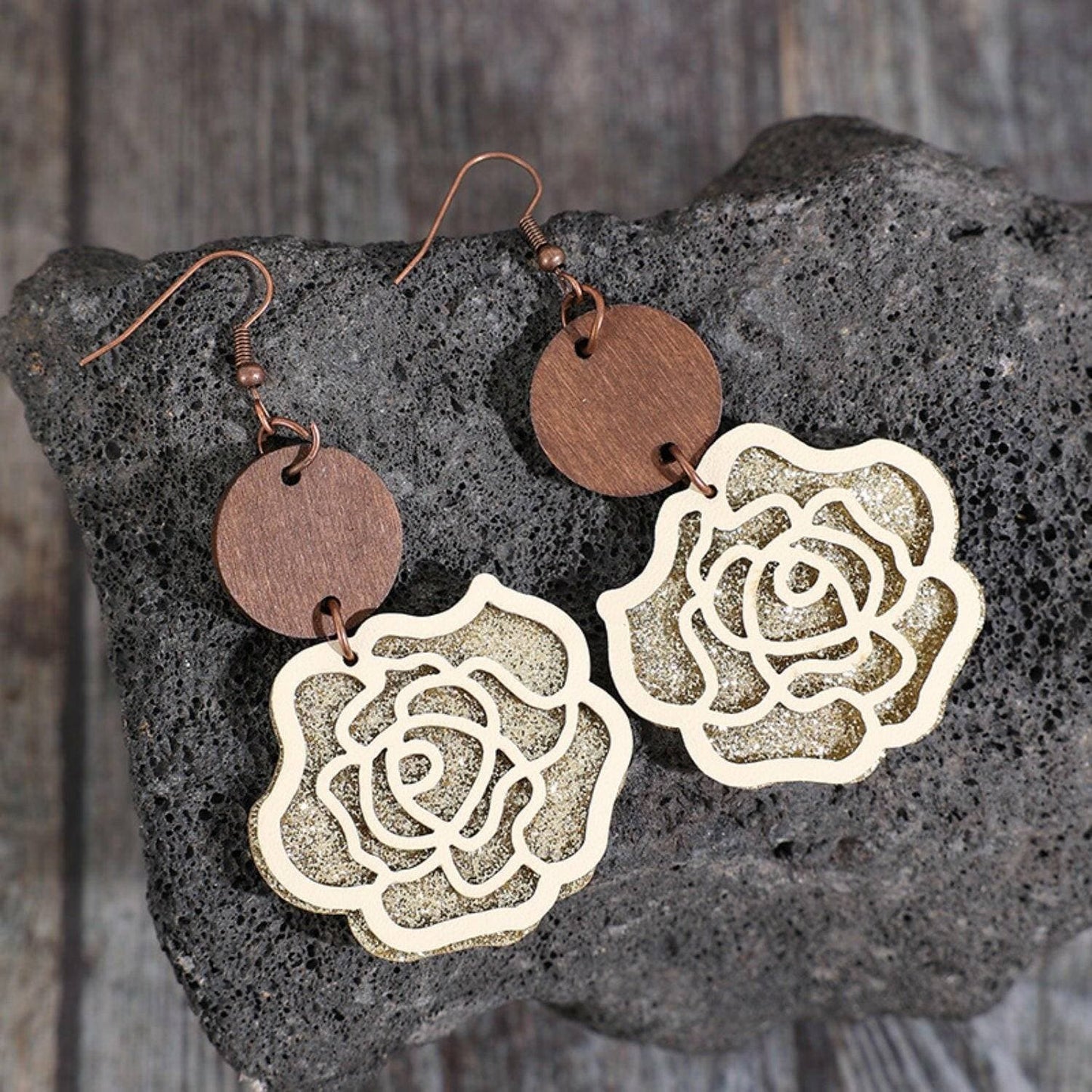 Elegant Rose Shaped Wooden and Alloy Drop Earrings - Love Salve 