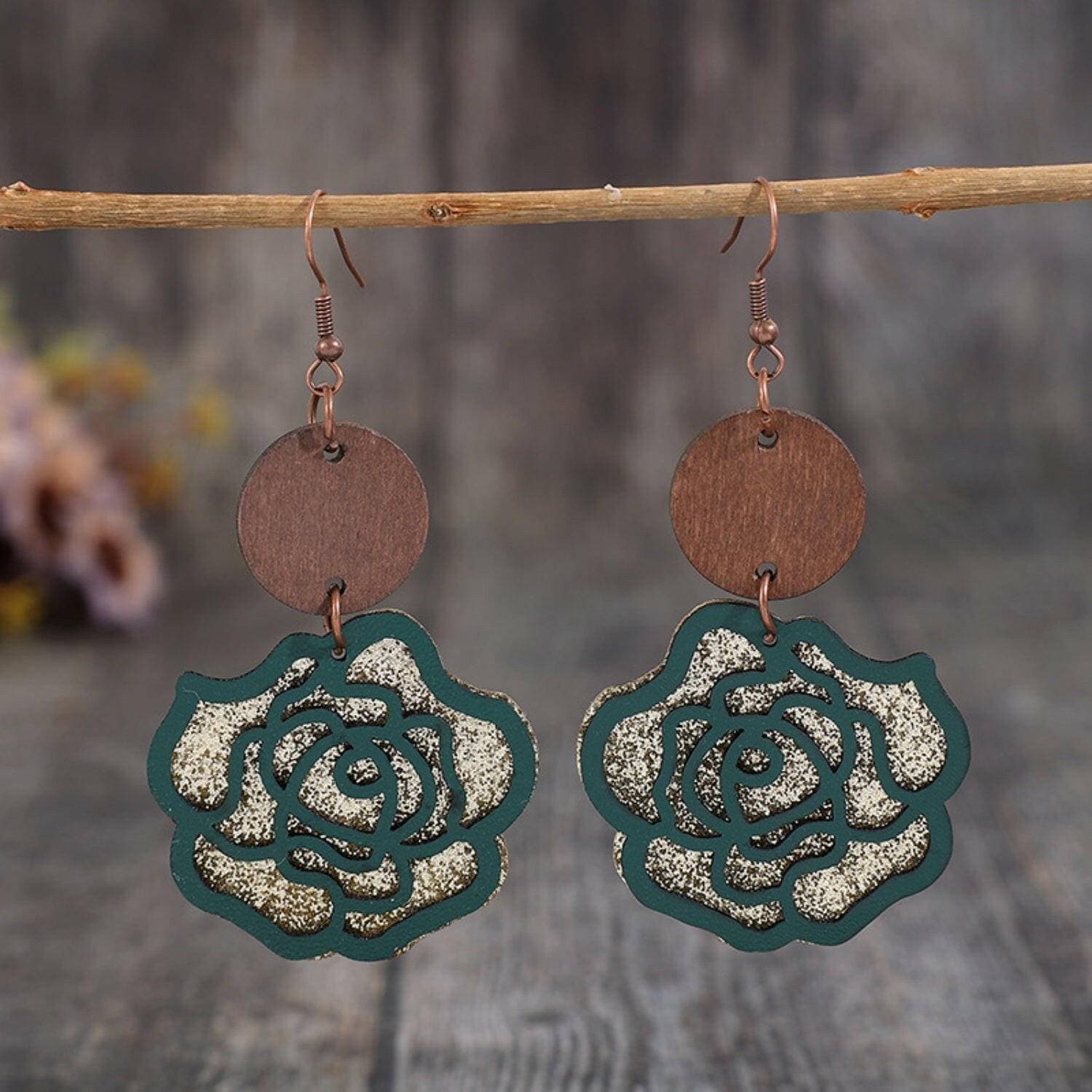 Elegant Rose Shaped Wooden and Alloy Drop Earrings - Love Salve 