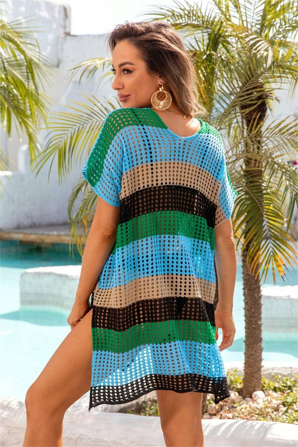 Elegant Sheer Striped V-Neck Beach Cover Up with Intricate Openwork Design - Love Salve 