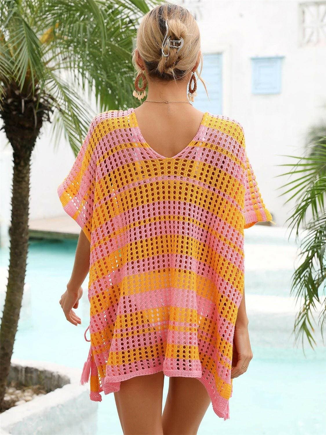 Sheer Striped V-Neck Cover-Up with Tassel Embellishments - Love Salve 