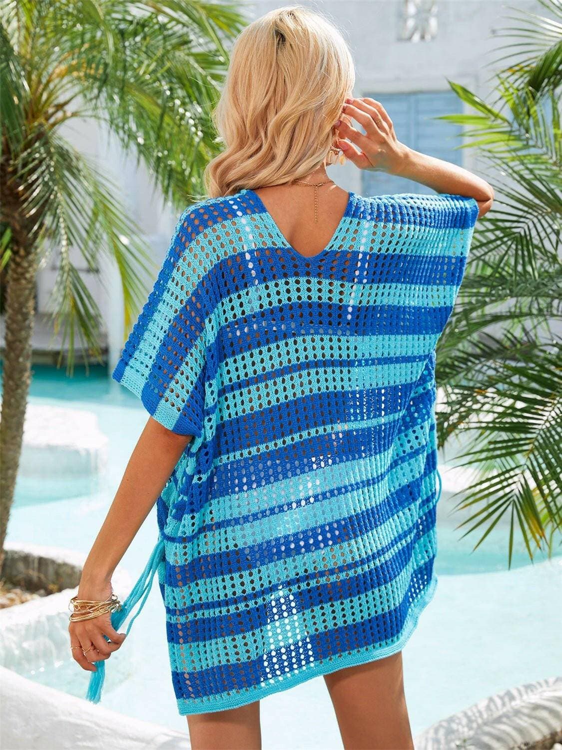 Sheer Striped V-Neck Cover-Up with Tassel Embellishments - Love Salve 