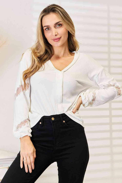 Elegant Lace V-Neck Blouse with Intricate Details - Love Salve 