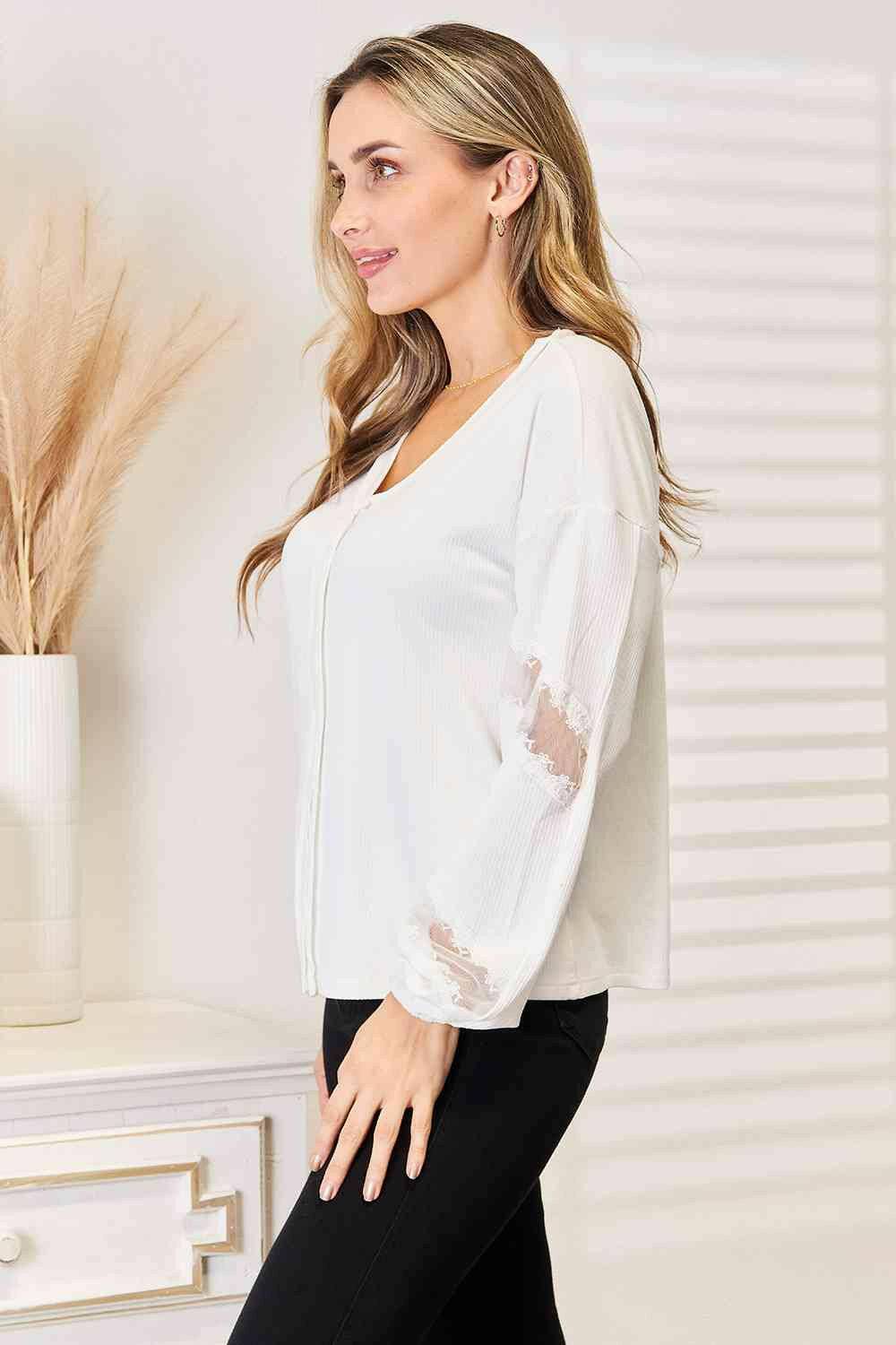 Elegant Lace V-Neck Blouse with Intricate Details - Love Salve 