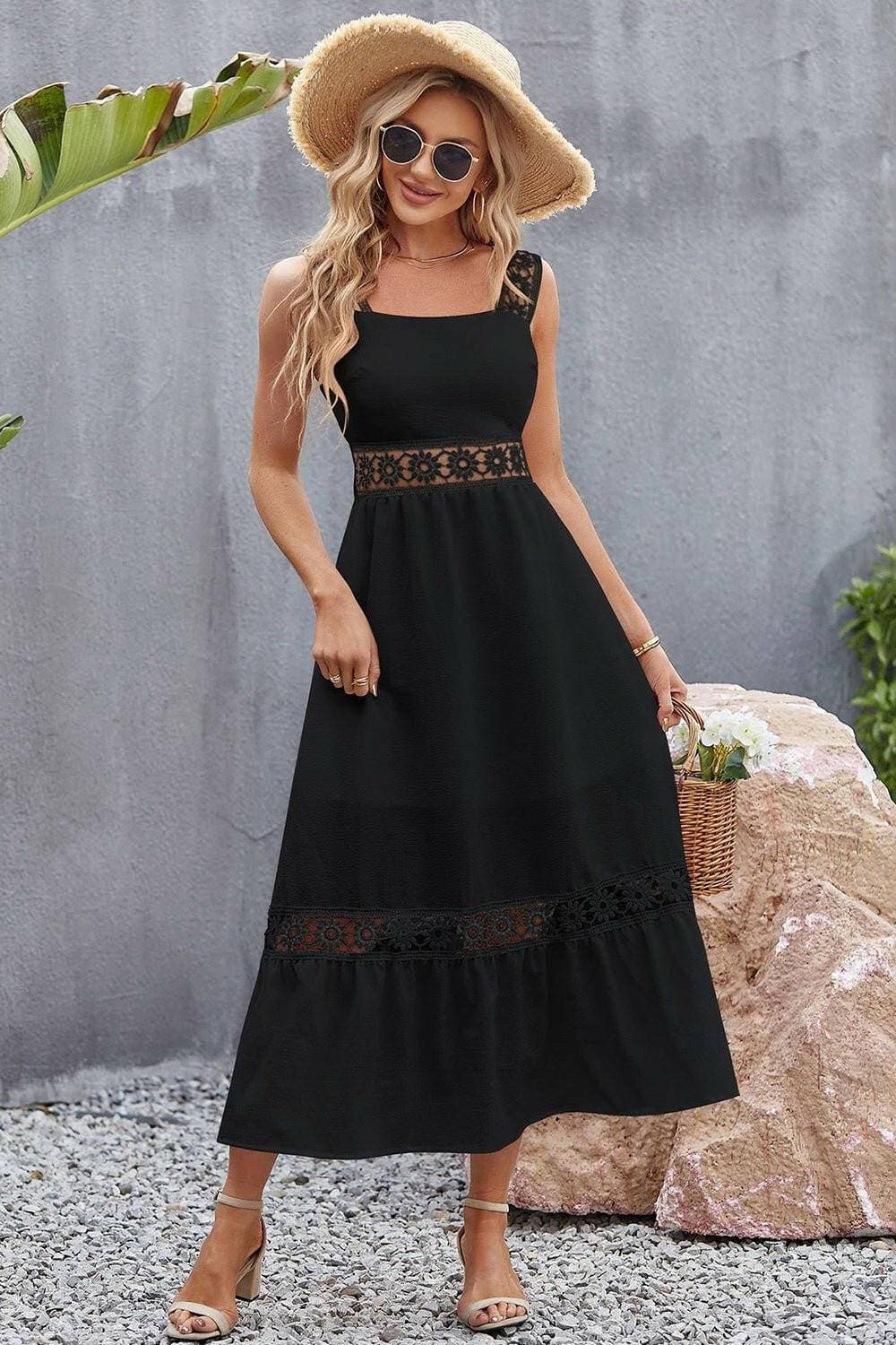 Floral Lace Midi Dress with Wide Straps - Love Salve 