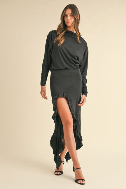 Backless asymmetric ruffle maxi dress 