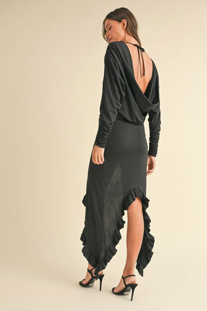 Backless asymmetric ruffle maxi dress 