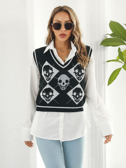 Skull Print V-Neck Sweater Vest 