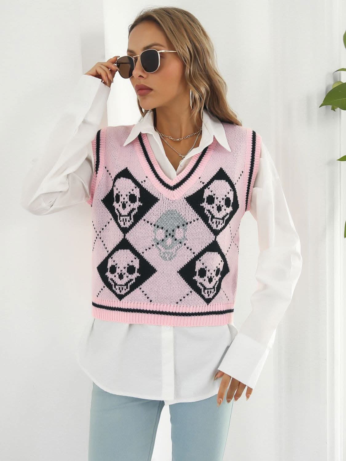Skull Print V-Neck Sweater Vest 