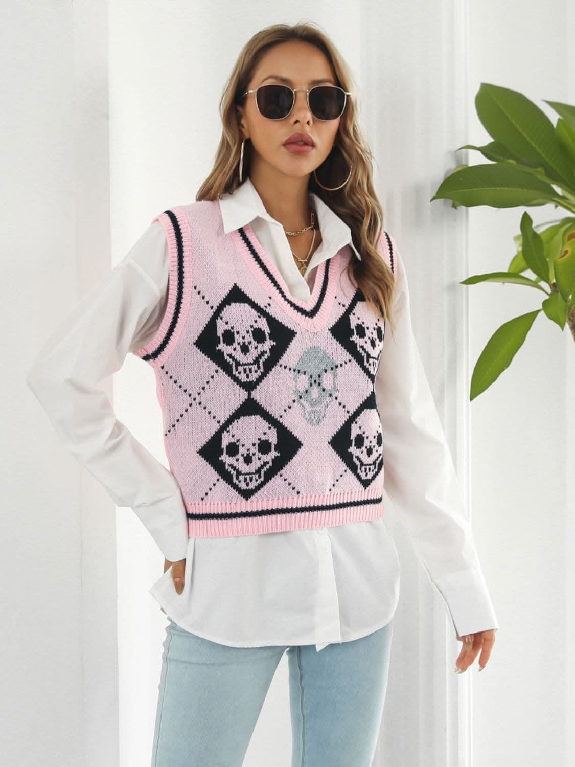 Skull Print V-Neck Sweater Vest 