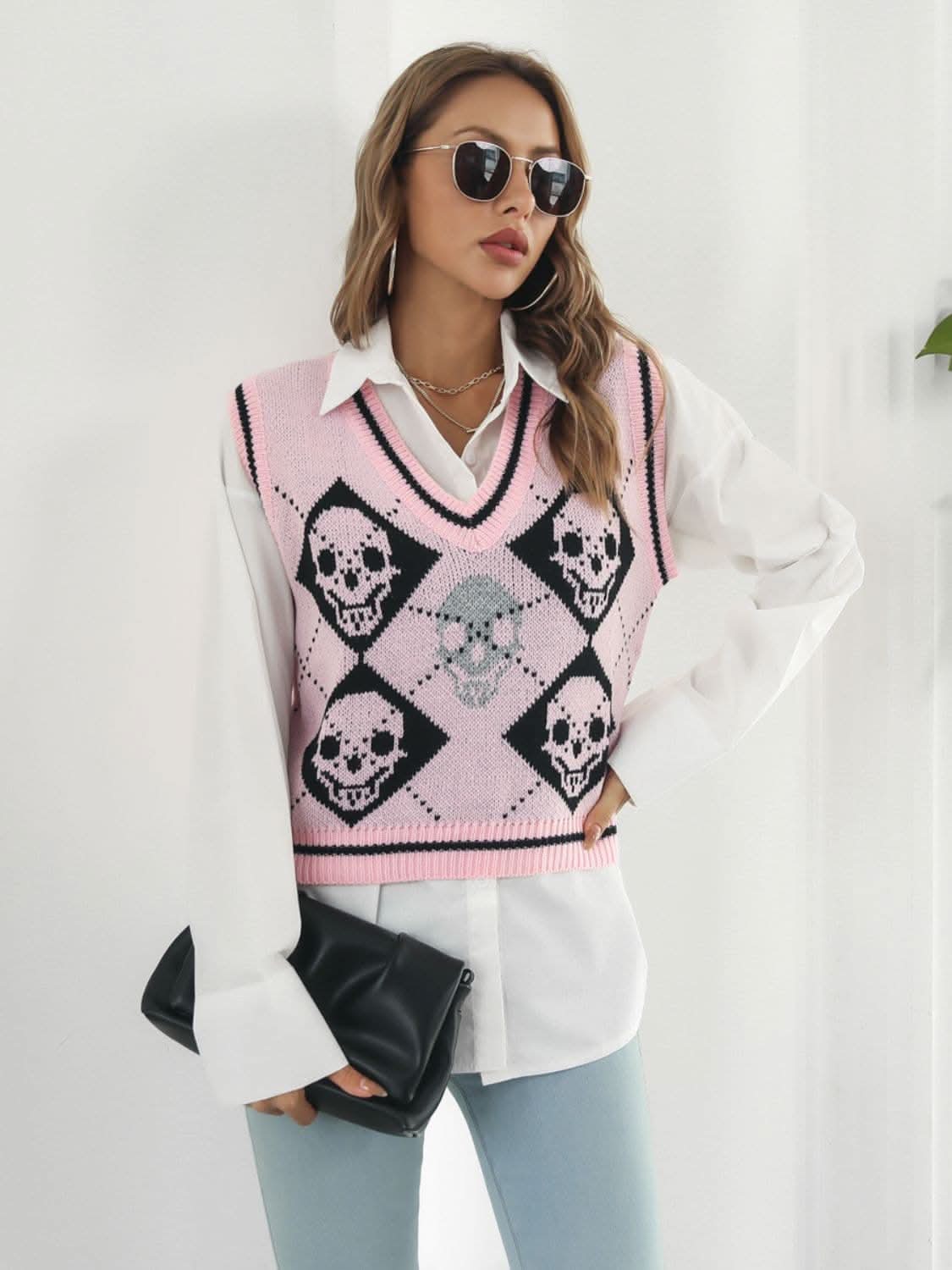 Skull Print V-Neck Sweater Vest 