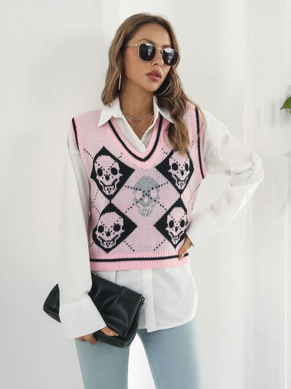 Skull Print V-Neck Sweater Vest 