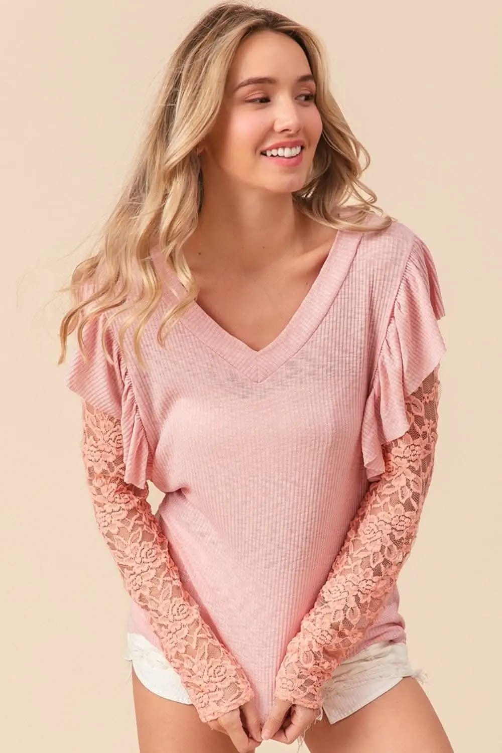 BiBi Ruffled Lace Sleeve Rib Knit Top - Love Salve 