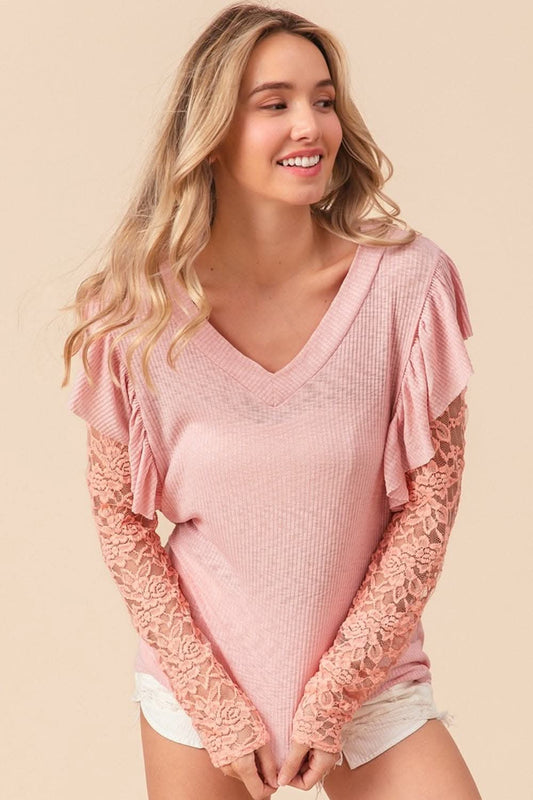 BiBi Ruffled Lace Sleeve Rib Knit Top - Love Salve 