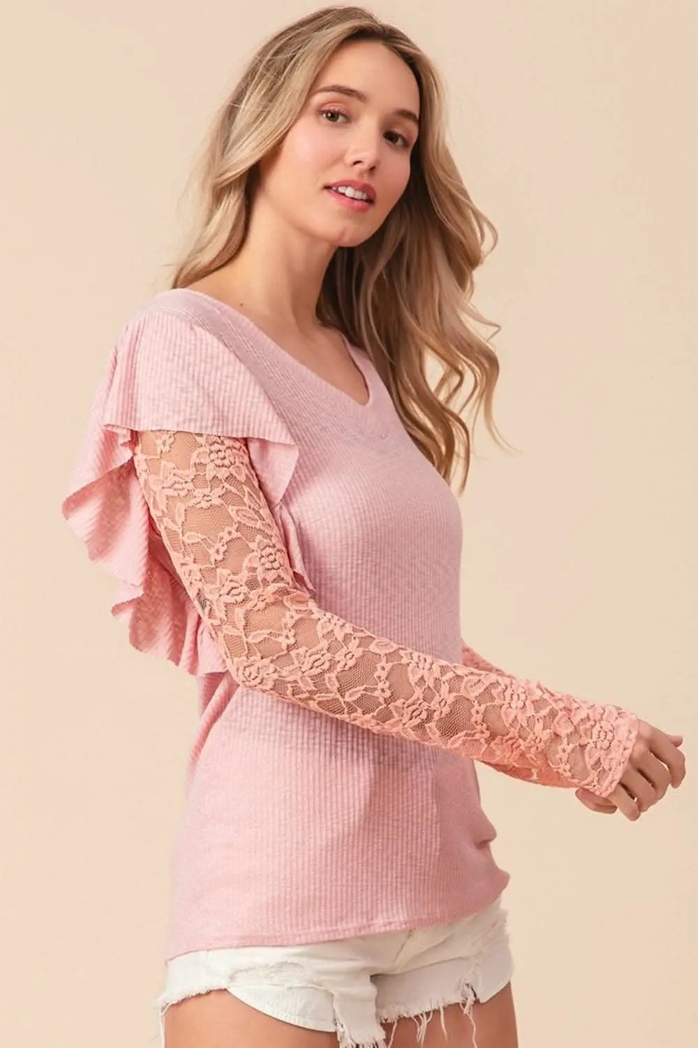 BiBi Ruffled Lace Sleeve Rib Knit Top - Love Salve 