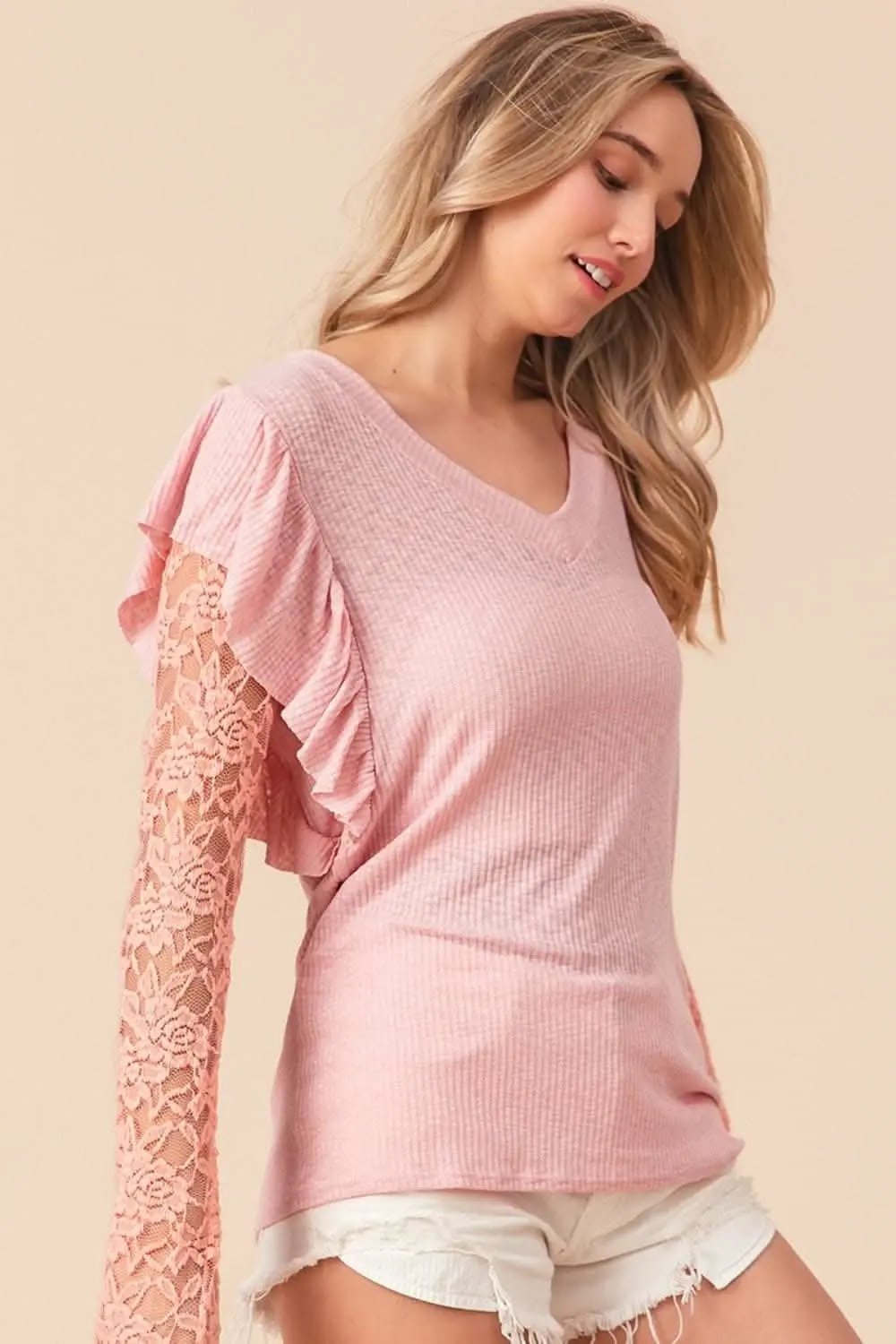BiBi Ruffled Lace Sleeve Rib Knit Top - Love Salve 