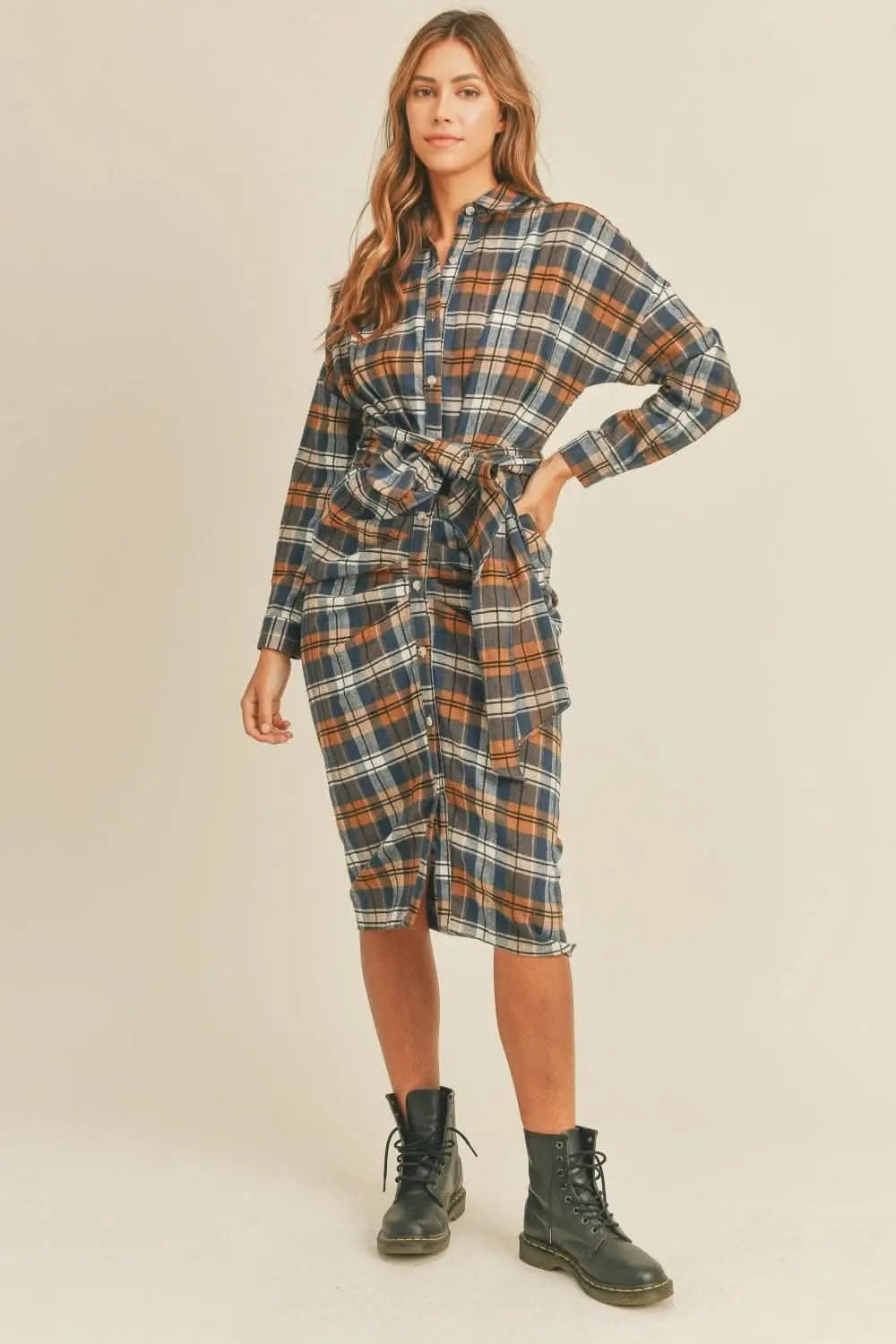 Plaid flannel tie-front shirt dress - Love Salve 